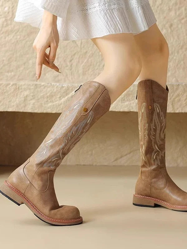 Millicent | Women's Block Heel Round Toe Embroidered Biker Knee High Boots