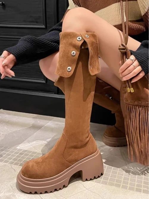 Nicole | Women's Block Heel Knee High Suede Biker Boots with Side Zip