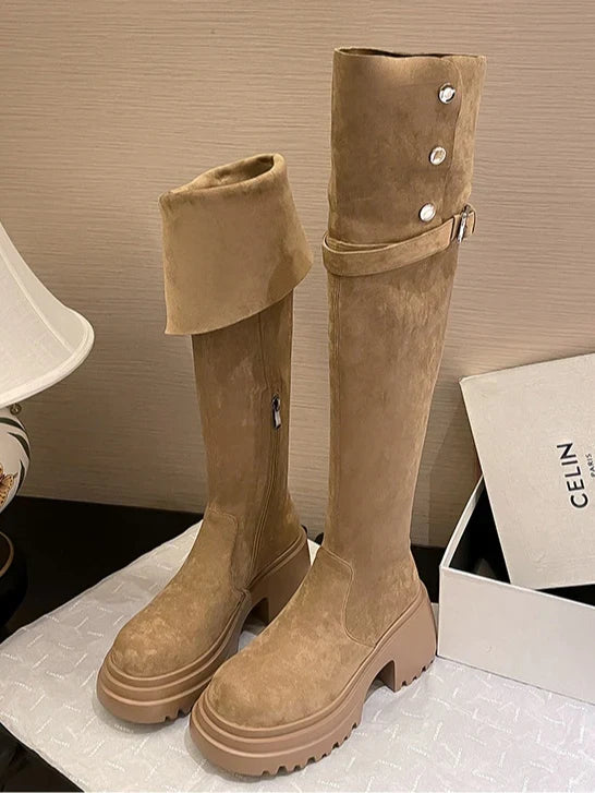 Nicole | Women's Block Heel Knee High Suede Biker Boots with Side Zip
