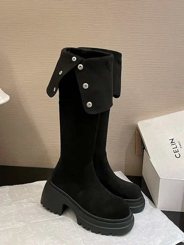 Nicole | Women's Block Heel Knee High Suede Biker Boots with Side Zip