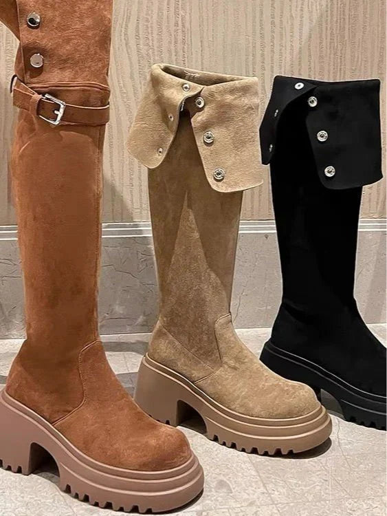 Nicole | Women's Block Heel Knee High Suede Biker Boots with Side Zip