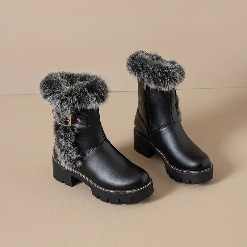 Winter Boots For Women | Black Fur Trim Buckle Side Zip