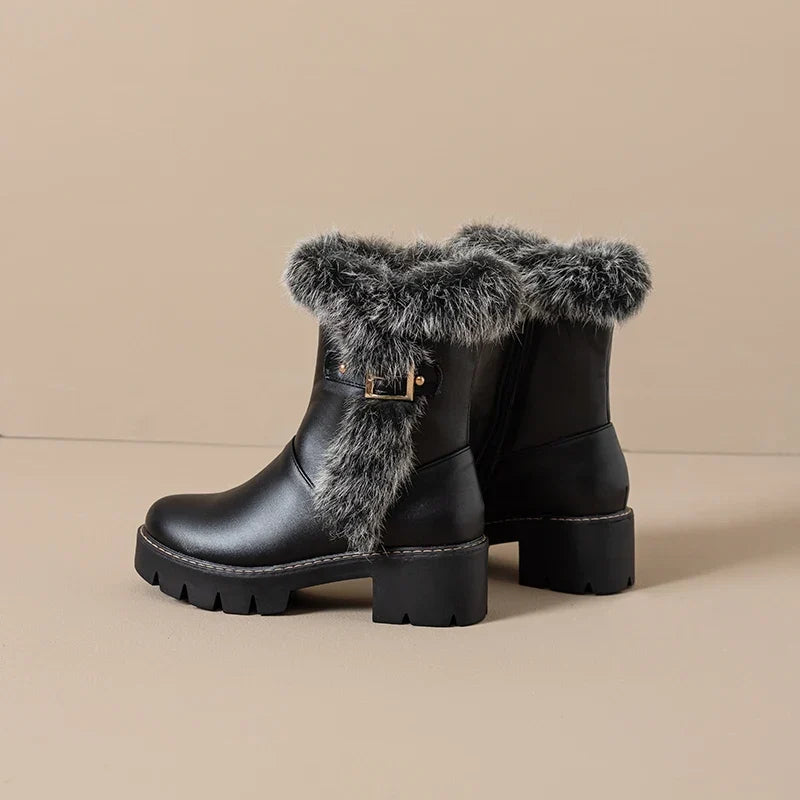 Winter Boots For Women | Black Fur Trim Buckle Side Zip