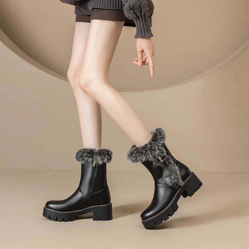 Winter Boots For Women | Black Fur Trim Buckle Side Zip