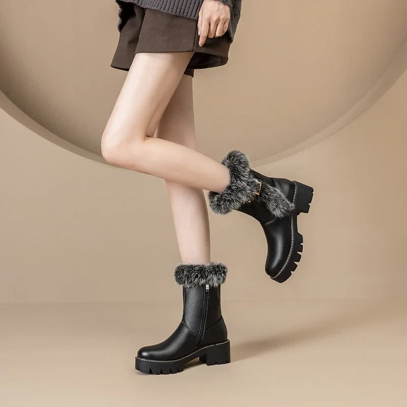 Winter Boots For Women | Black Fur Trim Buckle Side Zip