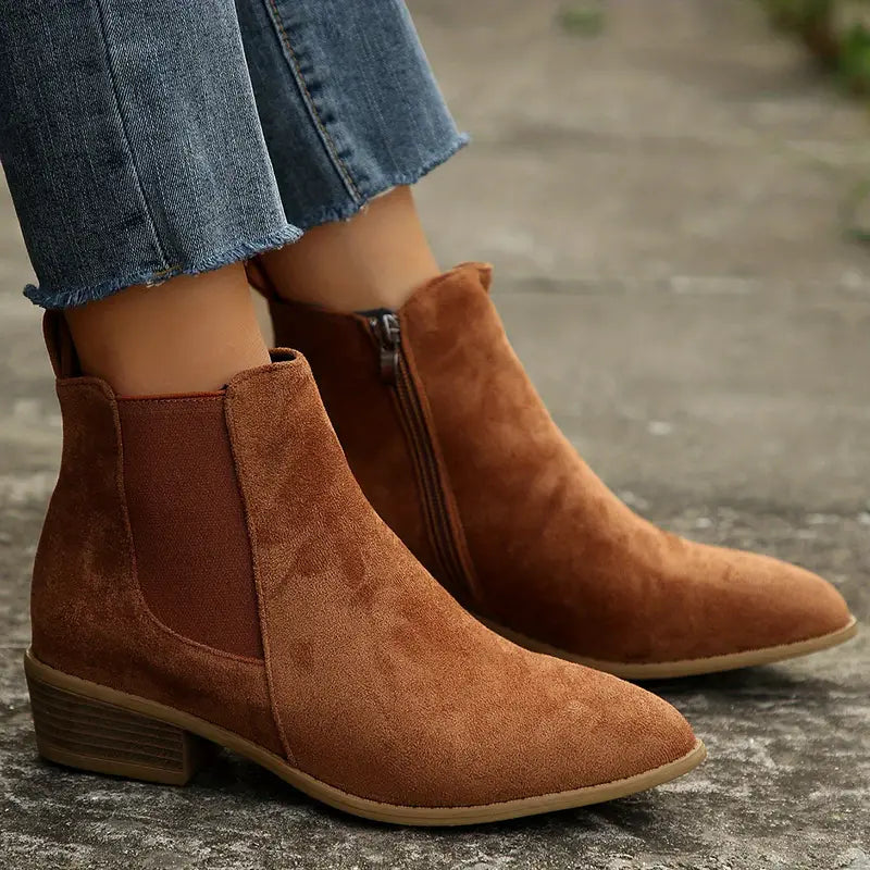 Winter Boots For Women | Suede Ankle Chelsea Zip Heel